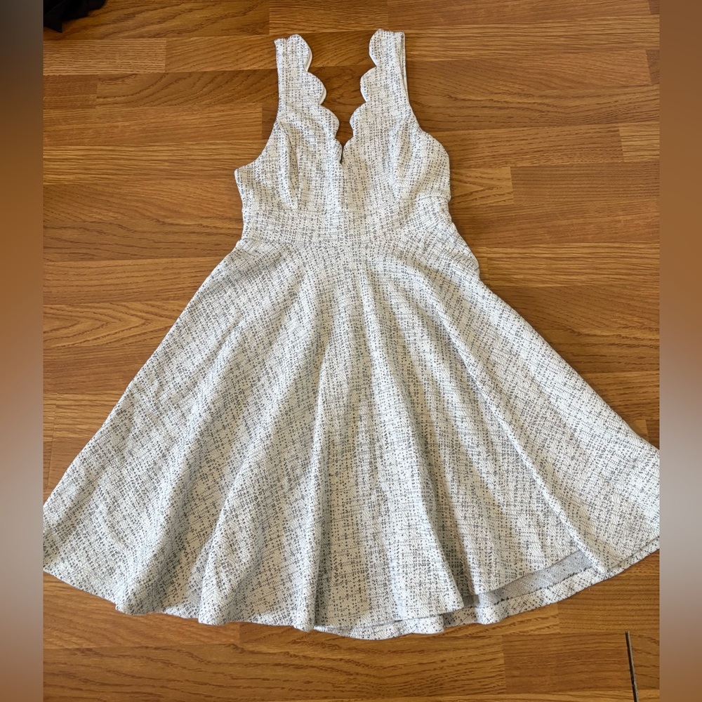 Altar'd State White Tweed Scalloped V-Neck Fit & Flare Dress